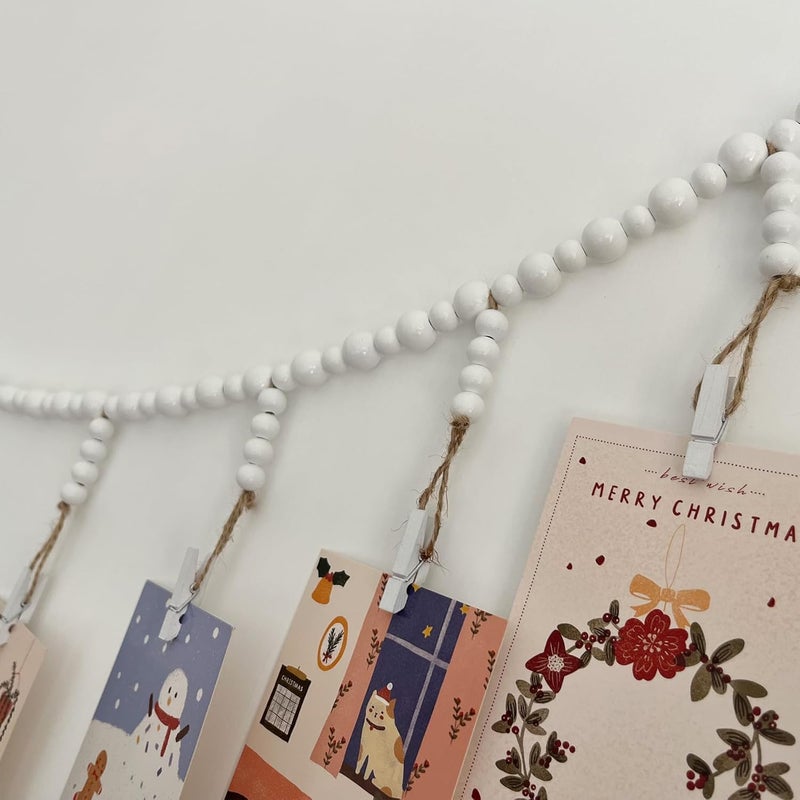 Kintyno Hanging Photo Display with 22 Clips, White Wooden Bead Garland, Boho Style Collage Photo Frame Decoration for Dorms, Classrooms, Bedrooms - Image 4